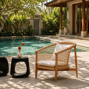 Fauteuil de jardin en rotin, fauteuil de salon extérieur en bois de teck, fauteuil à bascule en corde tressée pour patio, villa, resort, avec coussin - Product Image 3