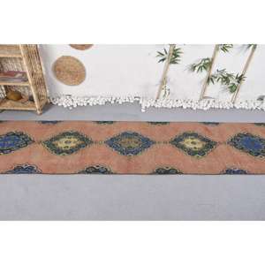 Hecho a mano Vintage azul Beige lana Patchwork alfombra 2,6X10,9 pies Rectangular patrón abstracto para sala de estar látex respaldado PVC - Product Image 3