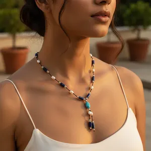 Collier pour femme en acier inoxydable plaqué or avec perle et lapis-lazuli, bijoux élégants - Product Image 2