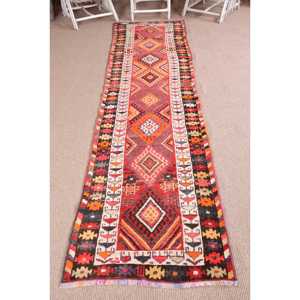 Vintage <b>Runner</b> Rug, 2.7x10.9 ft Turkish Rug, <b>Red</b> Herki Wool Rug - Product Image 1