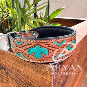 Hand Tooled Leather Dog Collar Turquoise Eagle Tooling Genuine Cow Leather Small Medium Large Durable Comfortable Dog Collars - Product Image 1