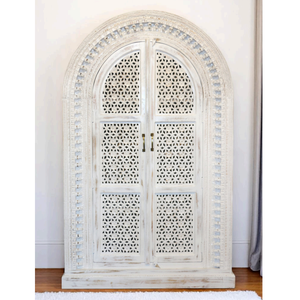 Armoire de cuisine de style ferme indienne motifs assortis sculptures mixtes rotin naturel aspect canne en bois autoportant verrouillable - Product Image 1