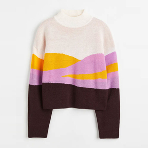 Pull à col roulé à blocs de couleur, tricot épais, motif ondulé élégant, haut décontracté surdimensionné confortable, vêtements d'hiver pour femmes - Product Image 6