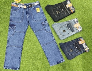 Pantalones rectos de estilo utilitario Premium con cinturón Slub Flaps Pantalones vaqueros de tela Premium lavados - Product Image 1