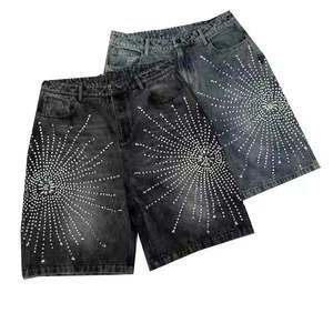 Pantalones Cortos de Malla para Hombre, Estilo Urbano Personalizado, Desgastado, Vintage, Lavado Ácido, con Pedrería, Estilo Hip Hop, Diamantes, Holgados, Fabricante 2026 - Product Image 1