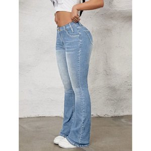 Jeans de mezclilla de lujo retro para mujer, azul cielo, corte acampanado, tiro alto, estilo callejero elástico, talla 26 a 40 - Product Image 3