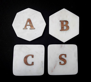 Sous-verre hexagonal rond en marbre blanc avec incrustation de feuilles de bois Ensemble de 4 pièces classique minimaliste écologique avec support - Product Image 4