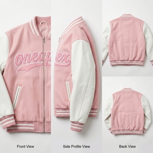 เสื้อแจ็คเก็ตผู้ชายสีชมพูผสมขนสัตว์ แขนหนังสีขาว ปักลายตามสั่ง ซิปแบบรูดขึ้น ผ้าถักแบบริบ สไตล์ลำลอง สตรีทแวร์ เสื้อคลุมขายส่ง รับผลิตแบบ OEM - Product Image 6