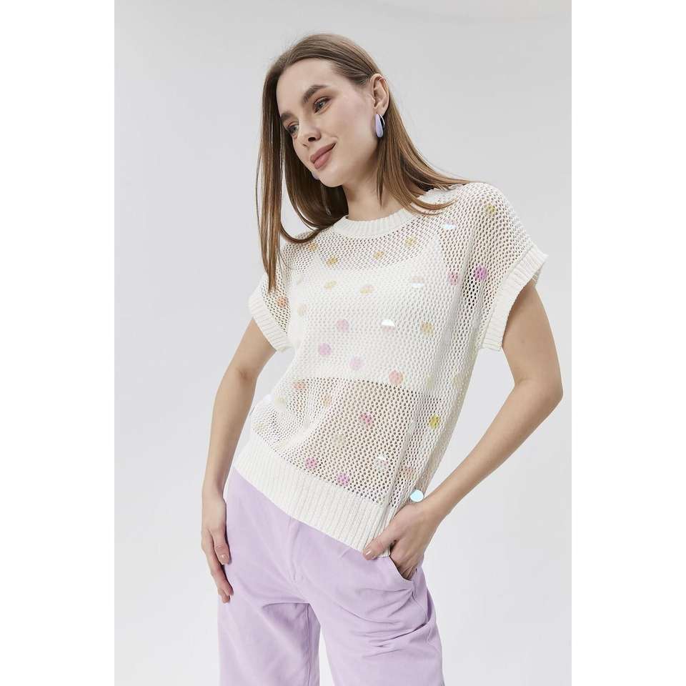7567-Women's Openwork Sequin Detailed Sweater Blouse Crop Undershirt - Bone