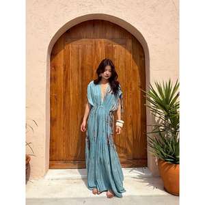 Women V Neck Kaftan Maxi <b>Dress</b> <b>With</b> Drawstring <b>Waist</b> Short Sleeve Flowing Kaftan Summer Resort Beachwear <b>Dress</b> - Product Image 1