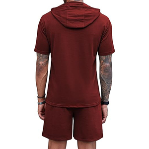 2025 nuevo chándal atlético de alta calidad transpirable de secado rápido rojo vino manga corta Casual deportes Sudadera con capucha pantalones cortos activos - Product Image 4