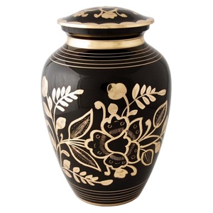 Urnas de cremación para adultos de latón de alta calidad con diseño de grabado de flores Urnas funerarias de metal con acabado de color dorado y negro - Product Image 1