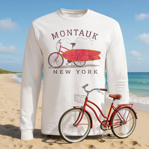 Camiseta de manga larga con diseño de bicicleta estilo retro para fanáticos del surf de Montauk, Nueva York, ropa promocional premium - Product Image 3
