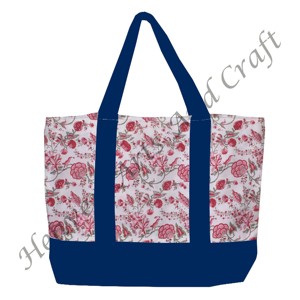 Sac fourre-tout en tissu imprimé à la main avec poignée bleue en provenance d'Inde, motif floral multi-main avec deux bretelles, vente en gros BHCB008 - Product Image 2