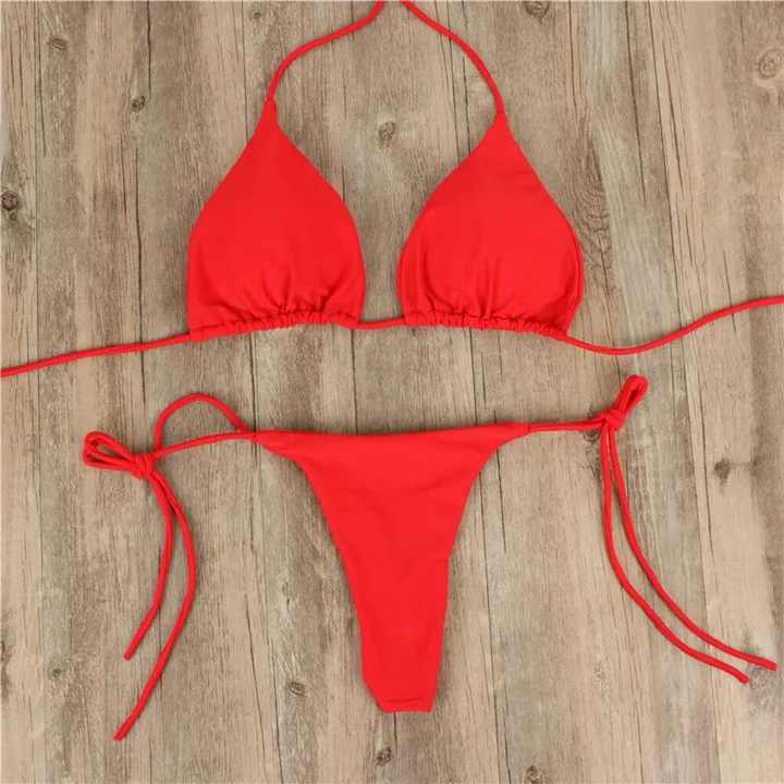 Sexy Women Thong Solid Color Bikini Set Side Halter Tie Swimsuit Ladies Split Strap Adjustable Swimwear Beachwear Quick Dry 2025