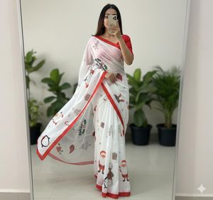 Nuevo Sari de Seda Chinon Suave de Diseño Indio para Mujer con Hermoso Estampado Navideño para Bodas y Fiestas, en Existencia - Product Image 3