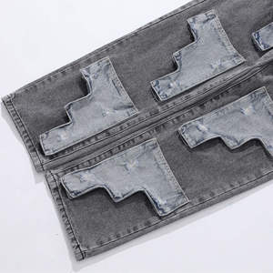 Pantalons en jean pour hommes avec logo personnalisé en gros, style vintage, rétro, délavé, déchiré, coupe slim décontractée, jeans patchwork, prix bas - Product Image 4