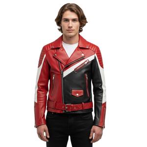 Chaqueta de Motociclista Personalizada para Hombre, de Cuero Genuino, Tricolor, Estilo Café Racer, con Hombreras Acolchadas, Corte Ajustado - Product Image 1