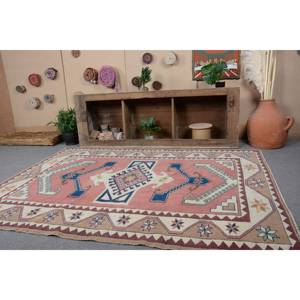 Tapis Kilim turc vintage 5.5 x 7.3ft rouge bleu Patchwork Design fait à la main tissage plat support en Latex pour couloir espace Rectangle - Product Image 4