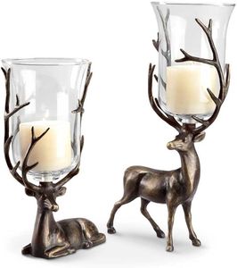Bougeoirs Tête de Cerf Dorée Antique, Chandeliers Vintage en Métal en Forme de Buste de Cerf avec Abat-jour en Verre Transparent pour Mariages et Fêtes - Product Image 1