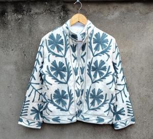 Handmade 100% Cotton Suzani Embroidered <b>Jacket</b> White Floral Boho Quilted Coat with Wool Lining Winter Printed Techniques - Product Image 1