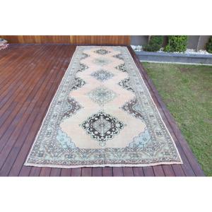 Alfombra turca de 4.8x10.5 pies, alfombra vintage, alfombra de lana con motivos de plantas y árboles azules - Product Image 1