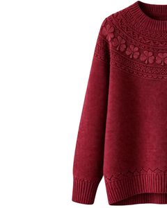 Customized Burgundy Jacquard Knit Sweater Floral Textured Crew Neck Long Sleeve Winter Pullover For Women Custom Wholesale - Product Image 2