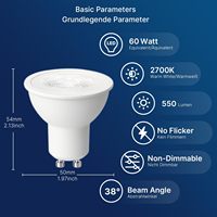 Ampoule LED GU10 de bonne qualité, équivalent 60W, 230V, non dimmable, 550LM, CRI80, 2700K, blanc chaud, 38 °   Angle de faisceau CE UKCA RoHS