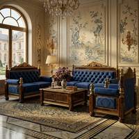 Lit à baldaquin classique européen sur mesure, cadre en bois foncé, tête de lit en velours bleu, pour villa de luxe, suite d'hôtel