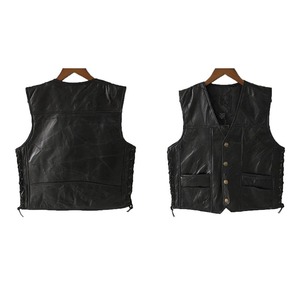 Punk Biker <b>Vest</b> Lace Button Winter Sleeveless Waterproof Windproof Solid Motorcycle <b>Vest</b> for Men <b>Black</b> Leather - Product Image 3