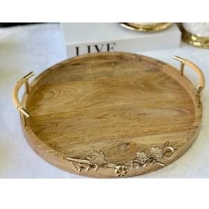 Plateau de service rond en bois de manguier fait à la main avec poignées en feuille d'or Plateau en bois rond élégant en gros Table basse et plateau de service - Product Image 1
