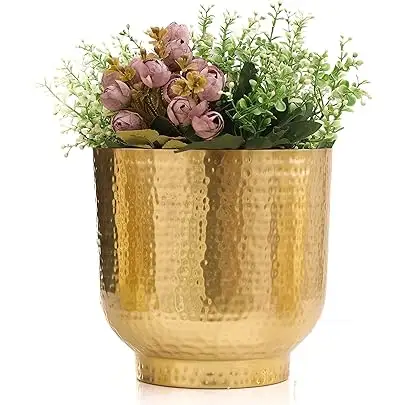 Desain unik menonjol emas Pot bunga dihiasi logam & penanam untuk aksen Dekorasi Rumah & Taman