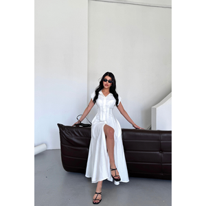 Vestido Casual de Lino Jacquard con Abertura Frontal y Bolsillos, Color Blanco - Product Image 2