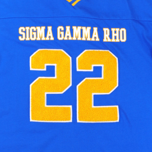 Sigma Gamma Rho Oversized Football Jersey Tee Royal Blue Womens Greek Letter Shirt SGR Chenille Number Top Casual Fit - Product Image 6