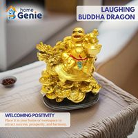 Statue Feng Shui Bouddha rieur avec dragon sur des pièces de monnaie pour la richesse, le succès et la prospérité