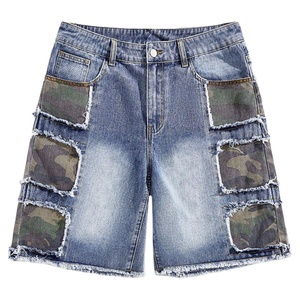Premium Quality Men Streetwear 2025 Custom Made Washed Distressed <b>Camo</b> Patchwork Zipper Fly Denim Jean Men <b>Shorts</b> - Product Image 1