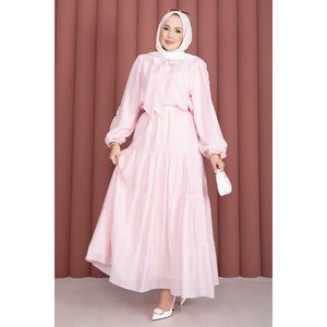 Ensemble deux pièces en mousseline avec col à nœud et jupe, style doux, rose, short XS pour tenues printemps/été - Product Image 4
