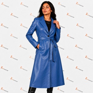Manteau long en cuir PU bleu pour femme Tiierwear avec ceinture et poches plaquées, élégant vêtement d'extérieur pour l'automne - Product Image 4