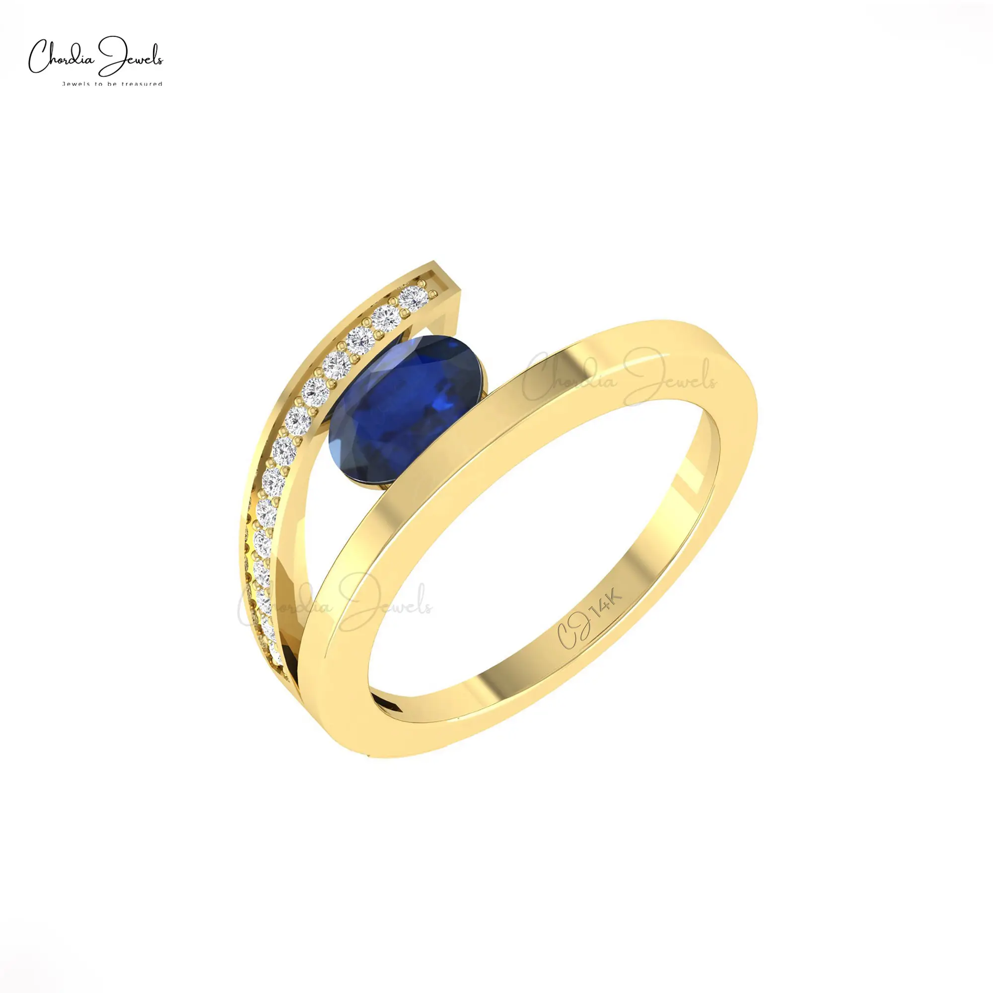 Anel de bypass com safira azul genuína e diamante 14K, faixas de ouro maciço, artesanal, com haste dividida, joia personalizada de joia fina