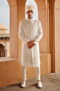 NEW STYLISH ZARI EMBROIDERY on WHITE SHERWANI,PANT & MATCHING <b>SHOE</b> WITH EMBELLISHED CRYSTAL GLASS BEADS,DABKA ,RESHAM <b>WORK</b> @2024 - Product Image 2