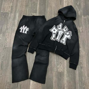 Streetwear vintage personnalisé 100% coton ensemble de jogging imprimé par transfert de chaleur lavage à l'acide survêtement à capuche pantalon de survêtement évasé droit - Product Image 6