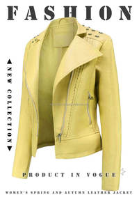 Chaquetas de mujer de cuero amarillo claro Slim Fit Moto estilo tachonado hombros asimétrico Zip Biker prendas de vestir exteriores con bolsillos con cremallera - Product Image 3