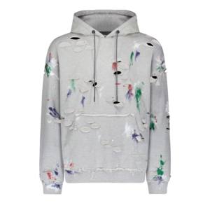 เสื้อฮู้ดดี้วินเทจทรงโอเวอร์ไซส์แบบซิป ผู้ชาย ผ้าฝ้ายผสมโพลีเอสเตอร์ แต่งขาด กระเป๋าจิงโจ้ ผ้าเฟรนช์เทอร์รี่ ลุคดิสเทรส - Product Image 1