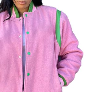 Blouson Bomber Unisexe Personnalisé en Laine Soie/Coton Rose Vert, Style Universitaire Grec, Streetwear, Imperméable, Printemps - Product Image 4