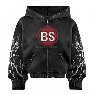 Sweat à capuche zippé en polaire lourde 460 GSM couleur noire intérieure douce avec panneau de manches florales logo strass personnalisé option sweats à capuche de base - Product Image 1