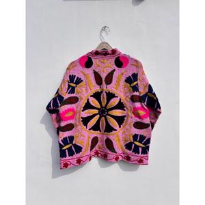Handmade Reversible Suzani Embroidered Floral Breathable Woven Stand Collar Ladies Boho <b>Kantha</b> Quilt Hooded Cotton Spring <b>Jacket</b> - Product Image 5