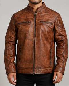 Brown Washed Leather Motorcycle <b>Jacket</b> <b>Men</b> Zip Up Stand Collar Regular Fit Winter Riding Outerwear - Product Image 1