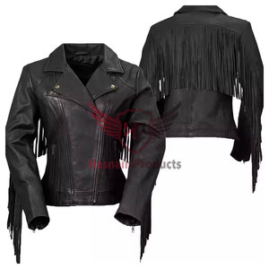 Chaqueta de cuero genuino negro para mujer con flecos en las mangas, borlas, solapa, piel de oveja, estilo vaquero occidental, abrigo de motociclista, ropa de abrigo personalizada para invierno - Product Image 2