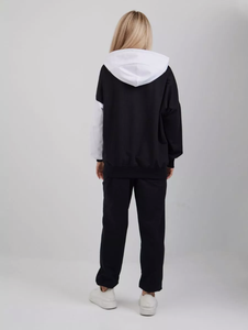 Mode femme noir et blanc couleur bloc survêtement ensemble sweat à capuche et cordon de survêtement pantalon 2 pièces Sport tenue décontractée - Product Image 2