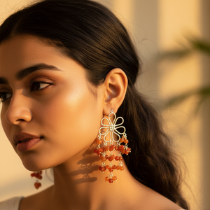 ต่างหูห้อยประดับพลอยคาร์เนเลียนสีเงินสำหรับผู้หญิง เครื่องประดับแฟชั่น ลูกปัด - Product Image 1